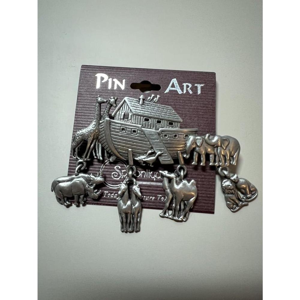 Noah Ark Pin‎ JJ Jonette Brooch Pewter Animal Charms Not Artifact VINTAGE